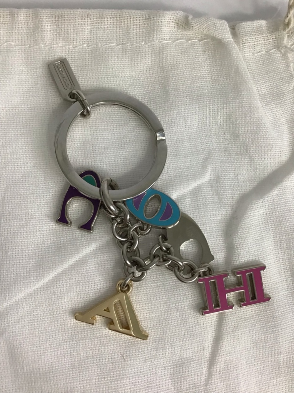 Coach Silver Metal Charm Keyring with Multicolor Letter Charms